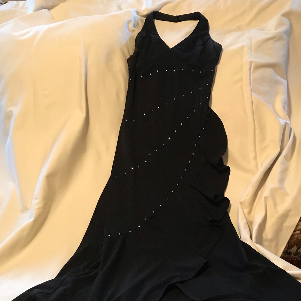 Black Halter Gown with rhinestones and side ruffle